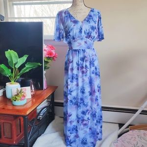 Vintage 90s Blue Romantic Floral Waist Tie Flutter Sleeve Maxi Fit Flare Dress